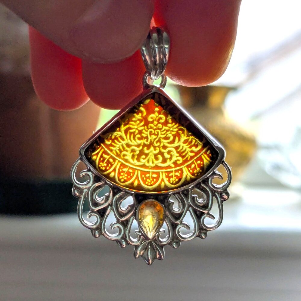 Etched Amber & Citrine Pendant from Nepal